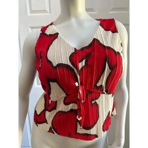 NWT Nine West Womens Top Red Abstract Print Sleeveless V Neck Tie Front Artsy